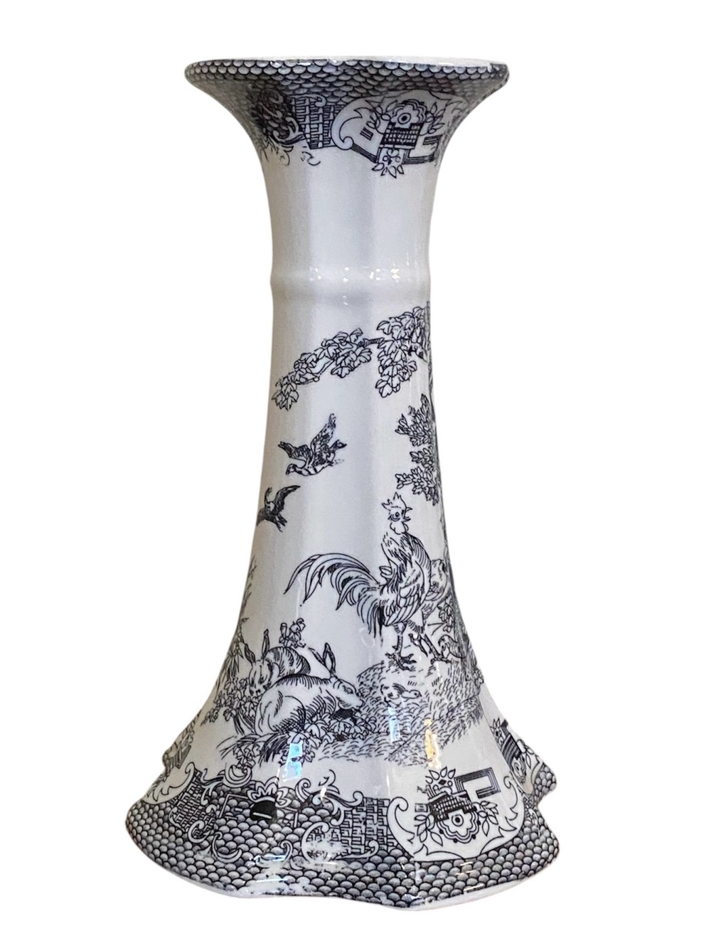 Vtg Chinese Blue & White Ceramic candlestick Holder with Rooster Motif